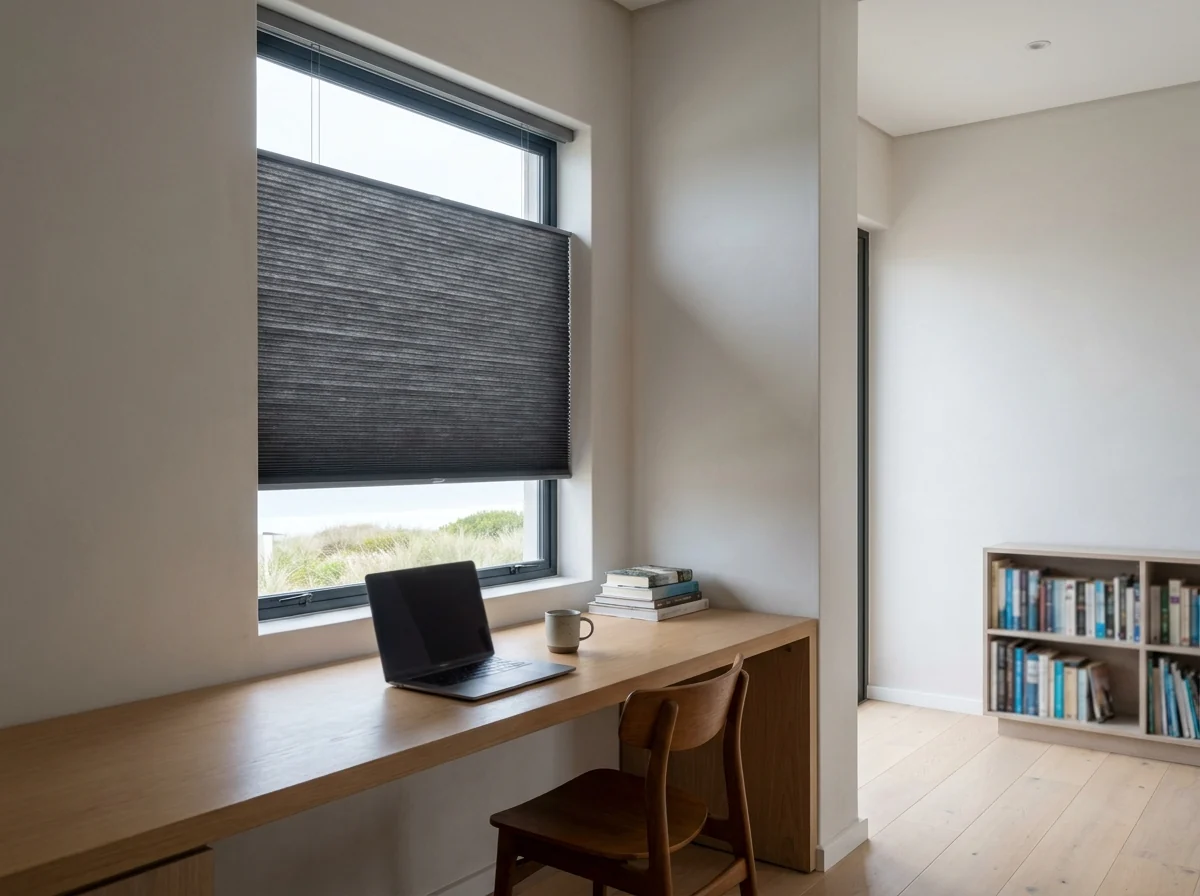 Charcoal double-cell honeycomb blind fitted inside the reveal of a Sunset Beach home-study window and lowered over three quarters of the glass, dune scrub still visible below the bottom rail above a built-in oak desk