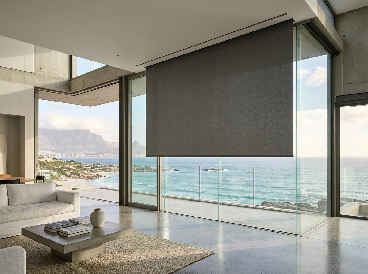 Motorised blind dropping cleanly from a hidden ceiling recess in a double-volume Sunset Beach living room