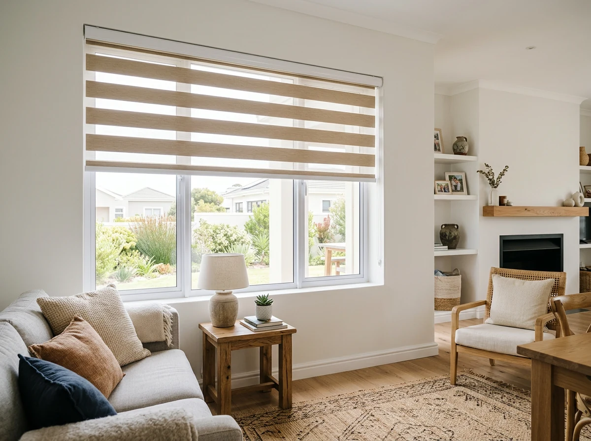 Day-night zebra roller blind with alternating sheer and solid bands in a bright family living room in a newer-build Sunningdale home