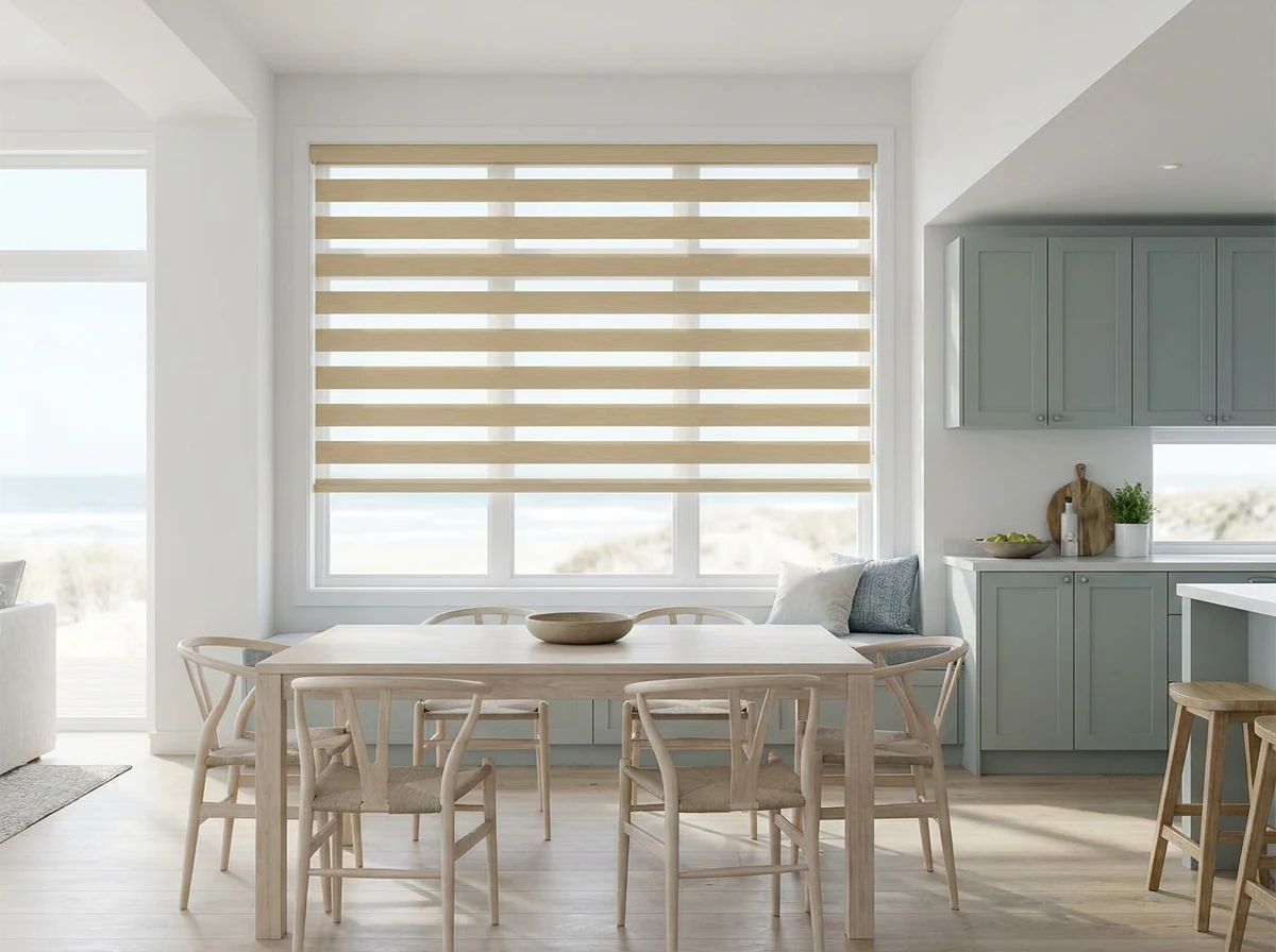 Day-night zebra roller blind with alternating sheer and solid bands in a Sunset Beach open-plan dining and kitchen area