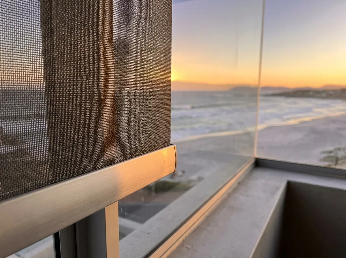Close-up of a flat sunscreen roller blind fabric edge and aluminium hem bar catching sunset light beside a beachfront window in Sunset Beach