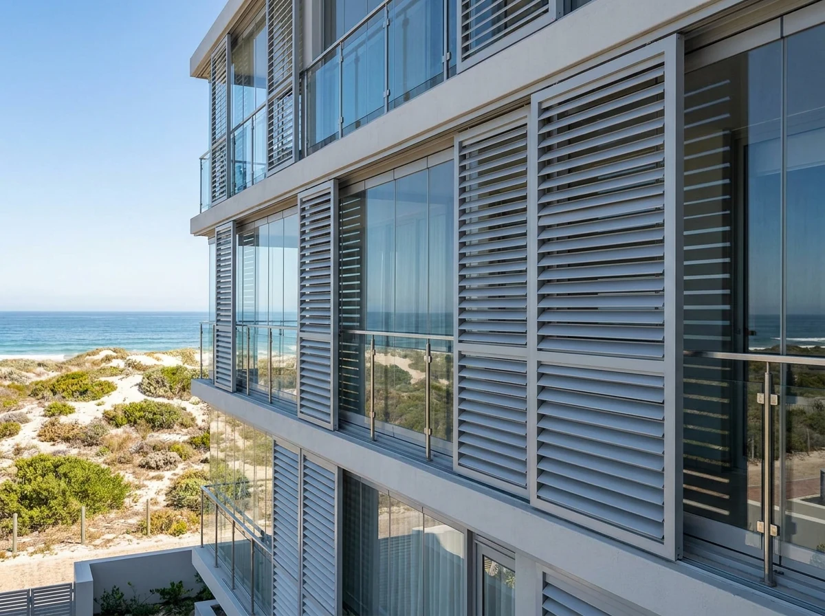 Aluminium external venetian blinds mounted outside a glass balcony wall on a new-build Big Bay apartment block, ocean and dune vegetation in the background
