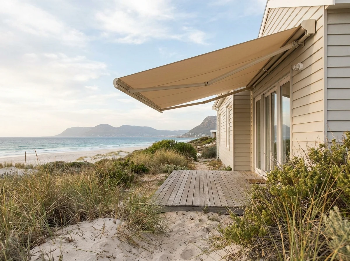 Retractable folding-arm awning extended over a small patio at a coastal Melkbosstrand home, dune grass in the foreground