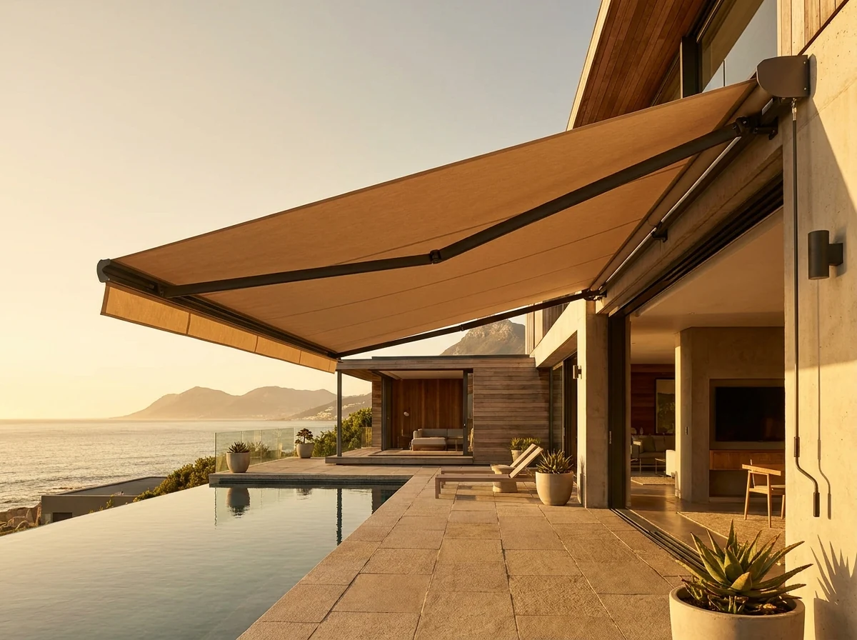 Retractable folding-arm awning wound out over a poolside terrace at a Sunset Beach home, the ocean visible past the far edge of the pool