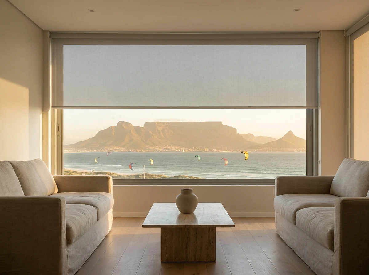 Sunscreen roller blind partially lowered over a large window in a beachfront Bloubergstrand lounge, Table Mountain visible across Table Bay with kitesurfers on the water