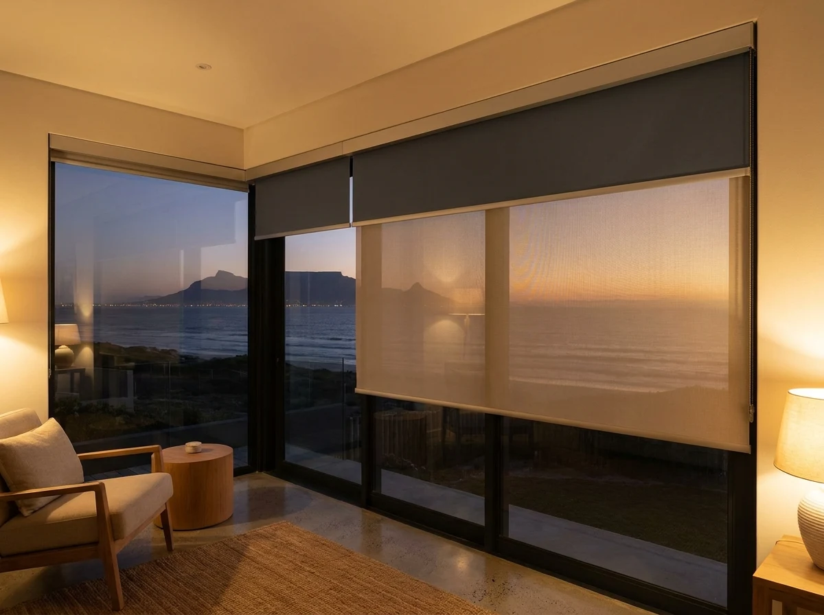 Double roller blind system pairing a blockout layer with a sunscreen layer on one bracket over a corner window in a Sunset Beach beach house lounge, Table Mountain visible through the mesh