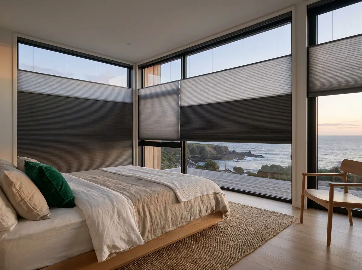 Dual-layer cellular honeycomb blinds in a Sunset Beach bedroom, dark and light panels lowered top-down bottom-up over corner windows overlooking a rocky coastline