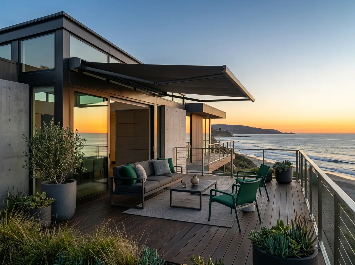Retractable fold-arm awning extended over a beachfront deck in Sunset Beach with green outdoor seating and ocean sunset backdrop
