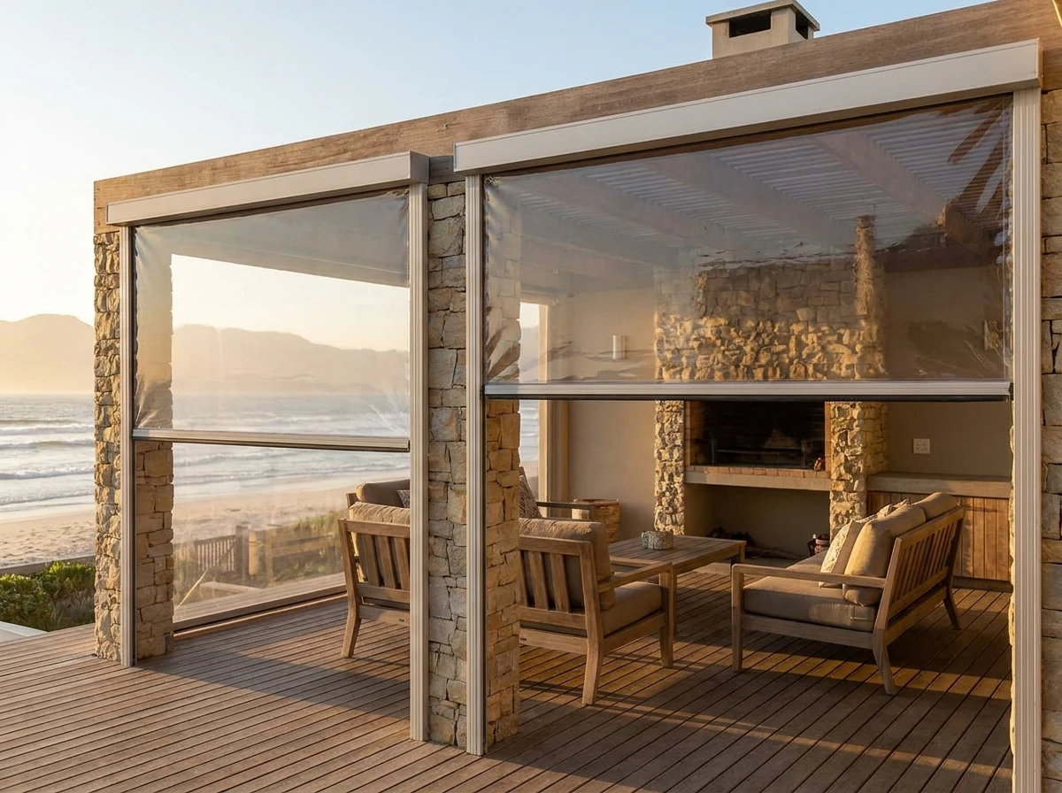 Two vertical zip screens in clear PVC fabric enclosing an outdoor braai room at a Sunset Beach beach house, ocean visible through the transparent panel